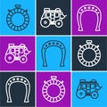 Set line Canteen water bottle, Horseshoe and Western stagecoach icon. Vector