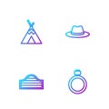 Set line Canteen water bottle, Saloon door, Indian teepee wigwam and Western cowboy hat. Gradient color icons. Vector