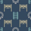 Set line Canteen water bottle, Saloon door and Railway, railroad track on seamless pattern. Vector