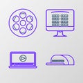Set line Cap with inscription director, Online play video, Buy cinema ticket online and Film reel icon. Vector Royalty Free Stock Photo