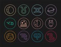 Set line Capricorn zodiac, Horse, Gemini, Magic ball, Comet falling down fast, Eclipse of the sun, and Taurus icon Royalty Free Stock Photo