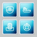 Set line Captain hat, Cargo ship, Location with anchor and Lifebuoy icon. Vector