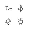 Set line Captain of ship, Tsunami, Whale and Anchor icon. Vector Royalty Free Stock Photo