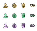Set line Captain of ship, Yacht sailboat, Compass and Nautical rope knots icon. Vector Royalty Free Stock Photo