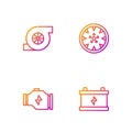 Set line Car battery, Check engine, Automotive turbocharger and Alloy wheel. Gradient color icons. Vector