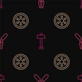 Set line Car battery jumper power cable, Alloy wheel and Hammer on seamless pattern. Vector Royalty Free Stock Photo
