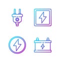 Set line Car battery, Lightning bolt, Electric plug and Lightning bolt. Gradient color icons. Vector