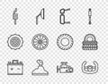 Set line Car battery, Sport steering wheel, Truck side mirror, Gear shifter, muffler, engine and tire icon. Vector Royalty Free Stock Photo