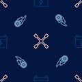 Set line Car battery, Wheel in fire flame and wrench on seamless pattern. Vector Royalty Free Stock Photo