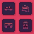 Set line Car, Bus, Taxi call telephone service and High-speed train. Blue square button. Vector