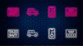 Set line Car, City map navigation, Location with taxi and Taximeter. Glowing neon icon on brick wall. Vector