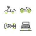 Set line Car, Formula race car, All Terrain Vehicle ATV motorcycle and Scooter icon. Vector Royalty Free Stock Photo