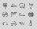 Set line Car, key with remote, Bus, Taxi car, Road sign for taxi stand, Cable, roof and icon. Vector