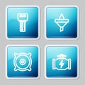 Set line Car key with remote, Funnel and oil drop, audio speaker and Check engine icon. Vector Royalty Free Stock Photo