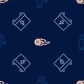 Set line Car muffler, battery and Wheel in fire flame on seamless pattern. Vector
