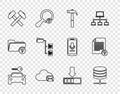 Set line Car rental, Server, Data, Web Hosting, Hammer, Cloud mail server, Two crossed hammers, Folder tree, Loading and Royalty Free Stock Photo