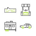 Set line Car, Rv Camping trailer, Hiking backpack and Wooden log icon. Vector