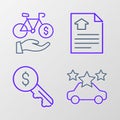 Set line Car sharing, Rent key, House contract and Bicycle rental mobile app icon. Vector