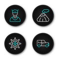 Set line Car, Ship steering wheel, Volcano and Viking head icon. Vector Royalty Free Stock Photo