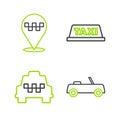 Set line Car, Taxi car, roof and Location with taxi icon. Vector