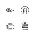 Set line Car tire wheel, Check engine, Wheel fire flame and Gear shifter icon. Vector Royalty Free Stock Photo