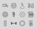 Set line Car tire wheel, Online car services, Gear shifter, Chassis, rearview mirror, spark plug, and icon. Vector