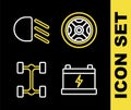 Set line Car wheel, battery, Chassis car and High beam icon. Vector Royalty Free Stock Photo