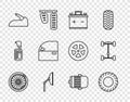 Set line Car wheel, tire, battery, Windscreen wiper, handbrake, door, Electric engine and Chassis car icon. Vector