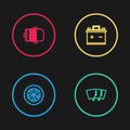 Set line Car wheel, Windscreen wiper, battery and Electric engine icon. Vector Royalty Free Stock Photo