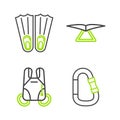 Set line Carabiner, Parachute, Hang glider and Rubber flippers for swimming icon. Vector