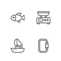 Set line Carabiner, Yacht sailboat, Fish and Electronic scales icon. Vector