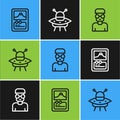 Set line Card game, Nerd geek and UFO flying spaceship icon. Vector Royalty Free Stock Photo