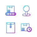 Set line Cardboard box and fast time, Envelope, Conveyor belt with cardboard box and Push pin. Gradient color icons