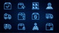 Set line Cardboard box with traffic, Delivery truck check mark, boxes on pallet, fragile content, tracking, Package