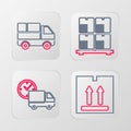 Set line Cardboard box with traffic, Delivery truck and clock, boxes on pallet and icon. Vector