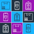 Set line Cardboard box with traffic symbol, Document tracking marker system and Mobile with app delivery tracking icon Royalty Free Stock Photo