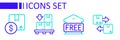 Set line Cardboard box with traffic symbol, Free storage, boxes on pallet and Carton cardboard icon. Vector