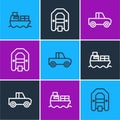 Set line Cargo ship with boxes delivery, Pickup truck and Rafting boat icon. Vector