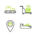 Set line Cargo ship with boxes delivery service, Placeholder on map paper, Electric hand truck and and Conveyor belt