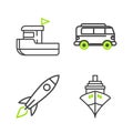 Set line Cargo ship, Rocket with fire, Retro minivan and Fishing boat icon. Vector