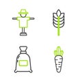 Set line Carrot, Bag of flour, Cereals with rice, wheat, corn, oats, rye and Scarecrow icon. Vector