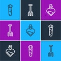 Set line Carrot, Bottle with love potion and Garden rake icon. Vector