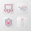 Set line Carrot, Shield with pig, Wheelbarrow dirt and Udder icon. Vector