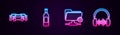 Set line Cars, Bottle of wine, FTP settings folder and Headphone and sound waves. Glowing neon icon. Vector