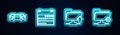 Set line Cars, Calendar, FTP folder upload and settings. Glowing neon icon. Vector Royalty Free Stock Photo