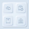 Set line Carton cardboard box, Cardboard with clock, Envelope and Warehouse. White square button. Vector