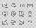 Set line Carton cardboard box, Container, Worldwide shipping, Search package, Delivery security with shield, check mark