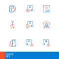 Set line Carton cardboard box, Full warehouse, Crane with, Package fragile content, and Delivery security shield icon