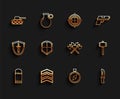 Set line Cartridges, Military rank, tank, Compass, knife, Shield, Battle hammer and Crossed medieval axes icon. Vector
