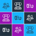 Set line Cartridges, Off road car and Hiking backpack icon. Vector